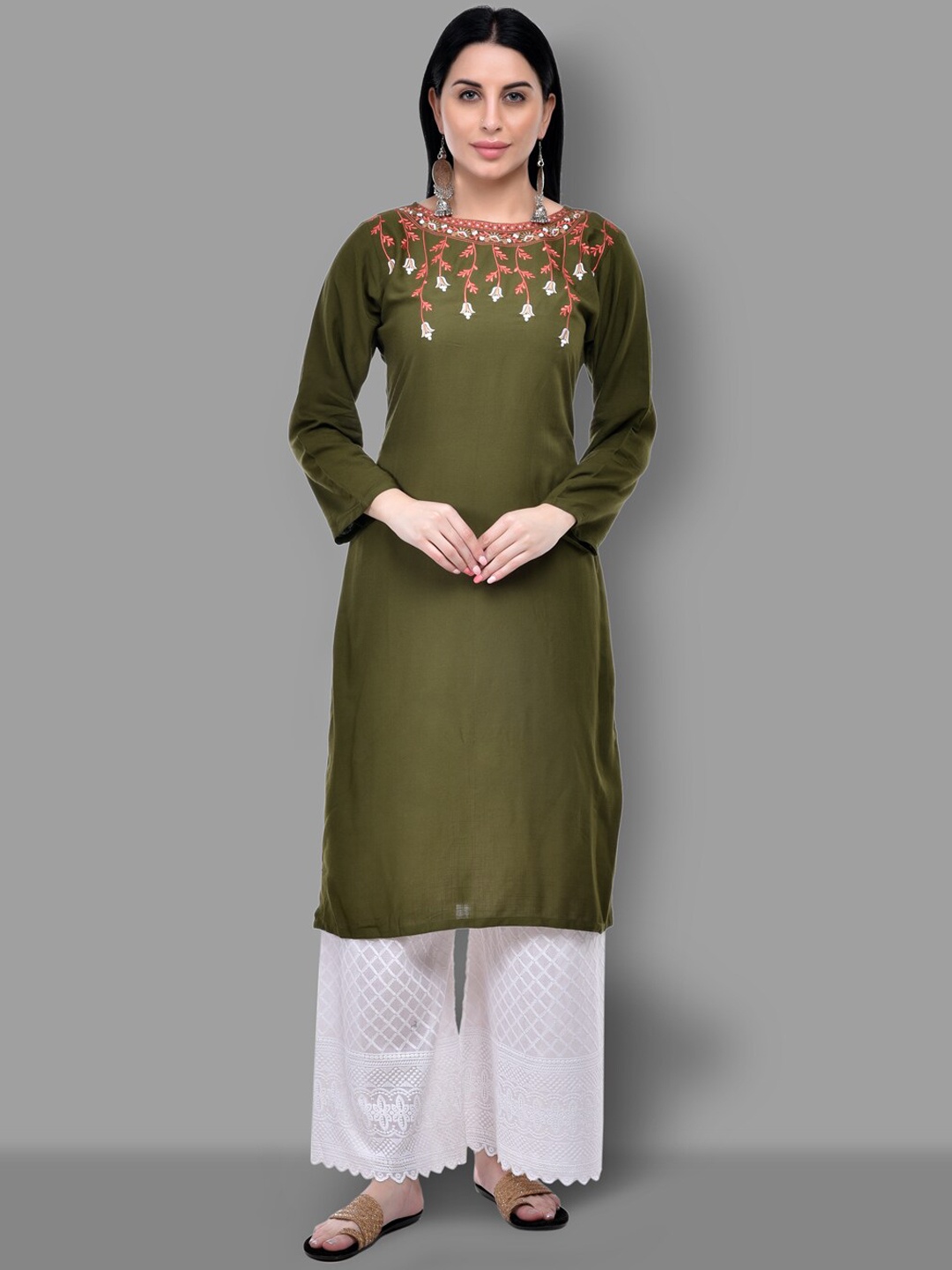 

Ziva Fashion Women Olive Green Thread Work Kurta
