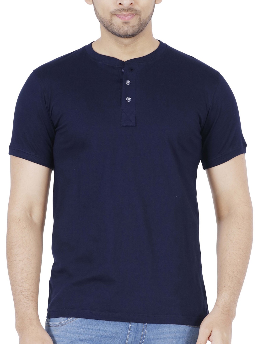 

Fleximaa Men Navy Blue Henley Neck T-shirt