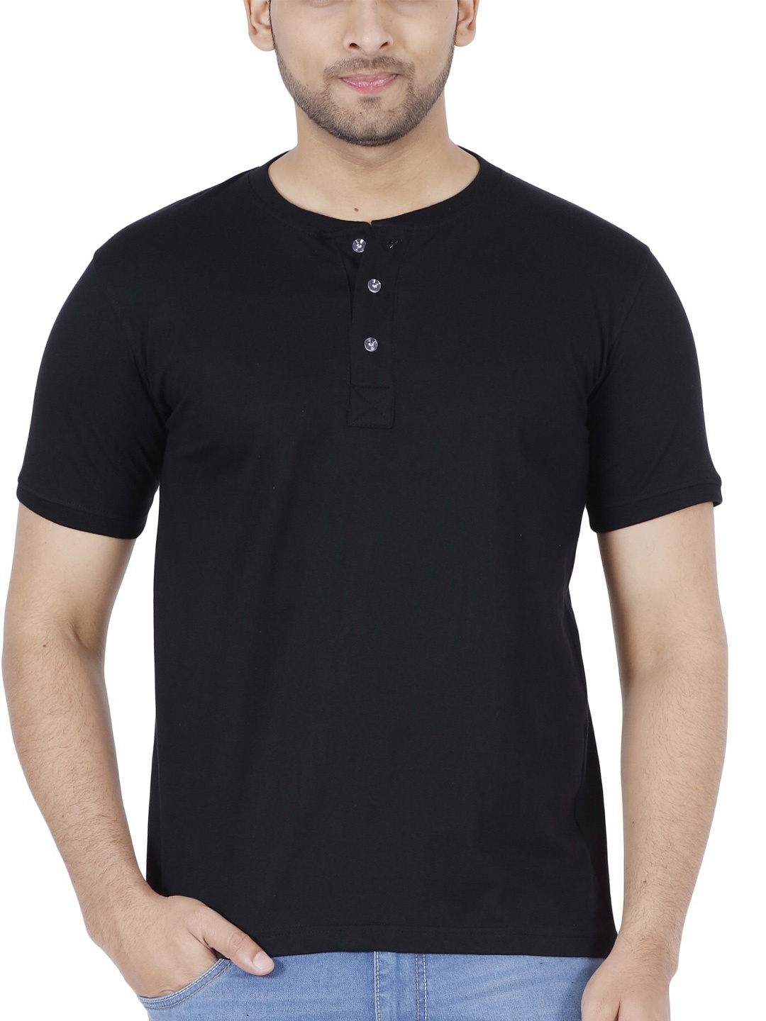 

Fleximaa Men Black Henley Neck T-shirt