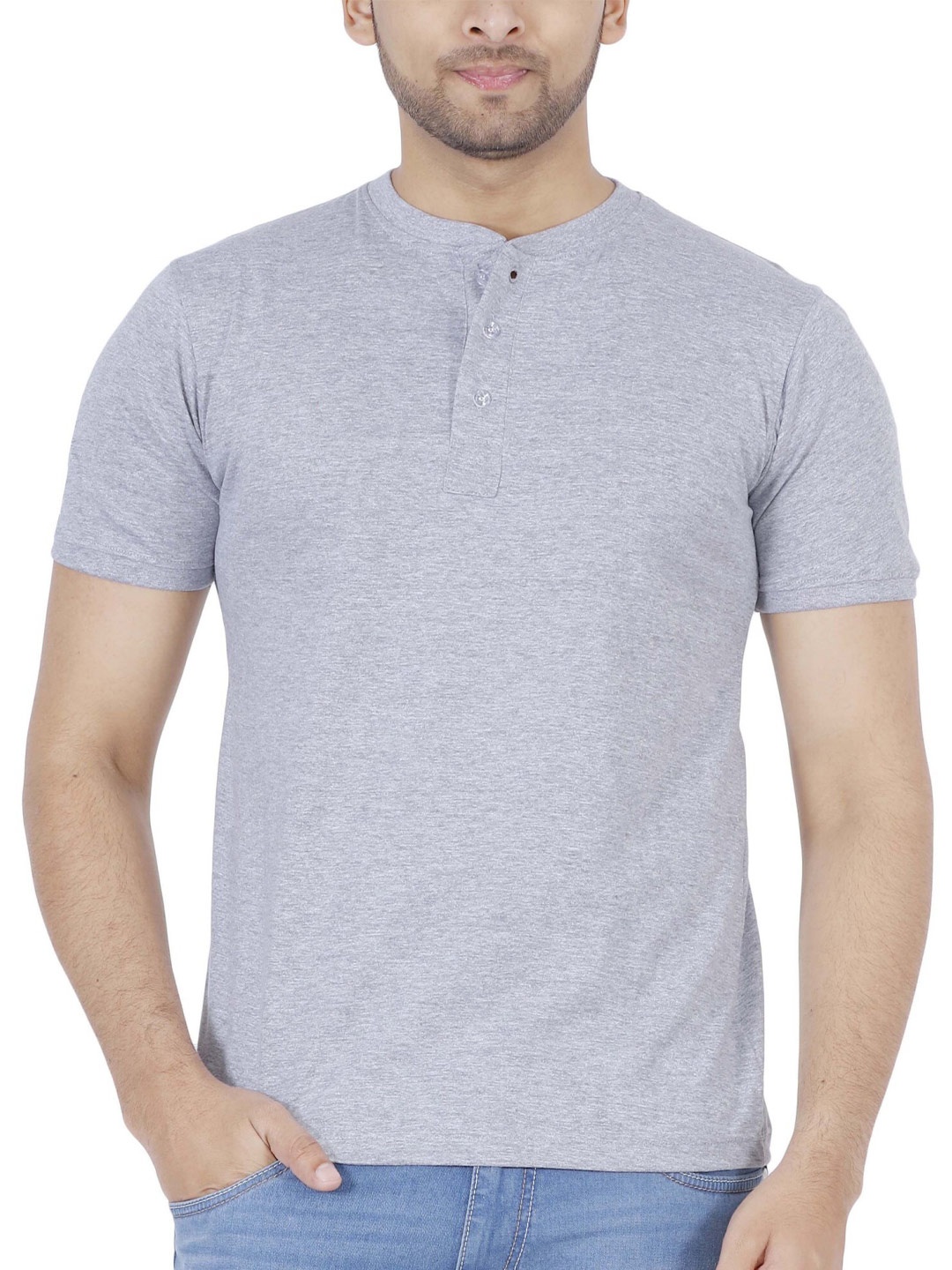 

Fleximaa Men Grey Melange & omphalodes Henley Neck T-shirt