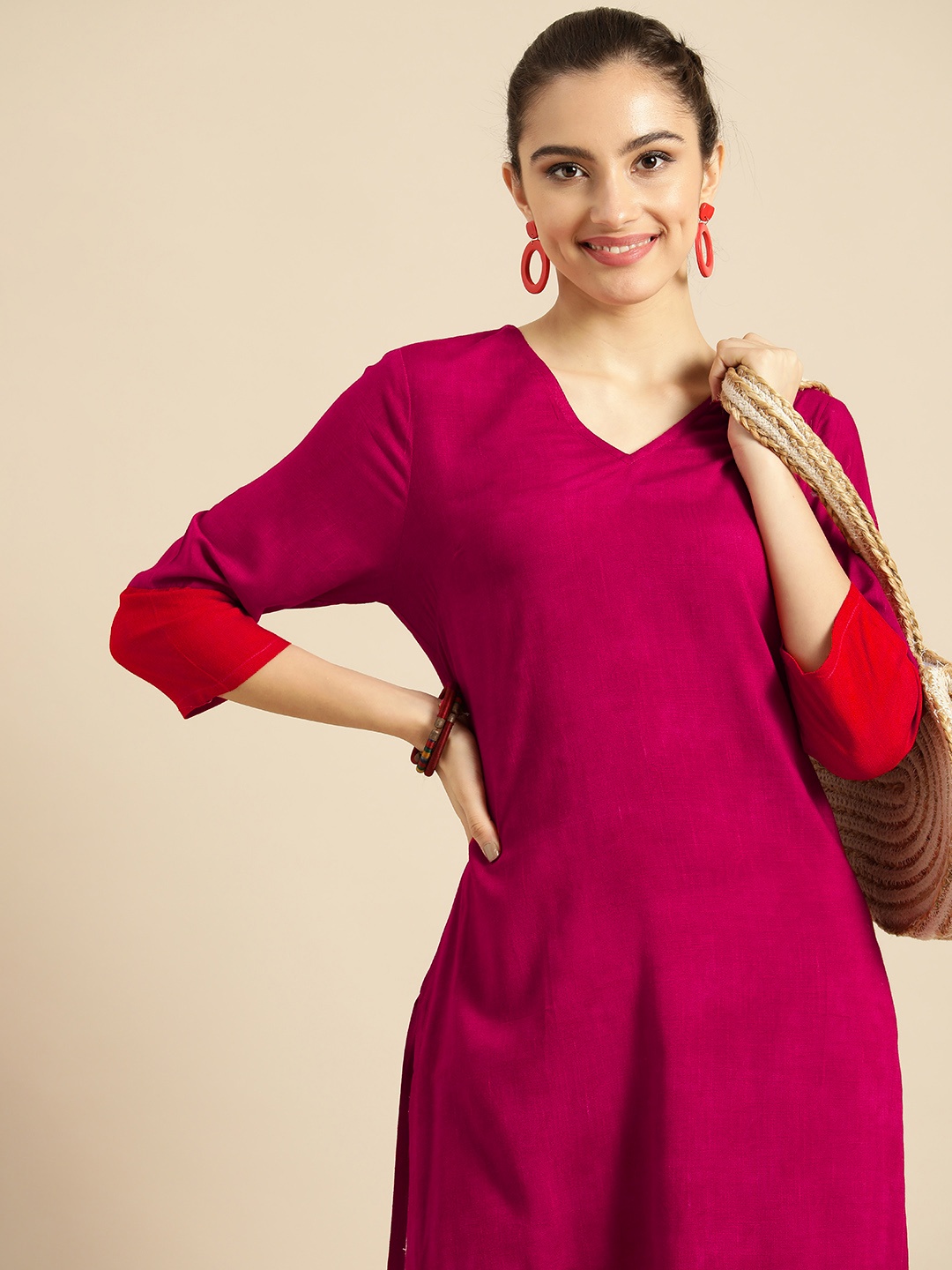 

Sangria Women Pink & Orange Colourblocked Kurta