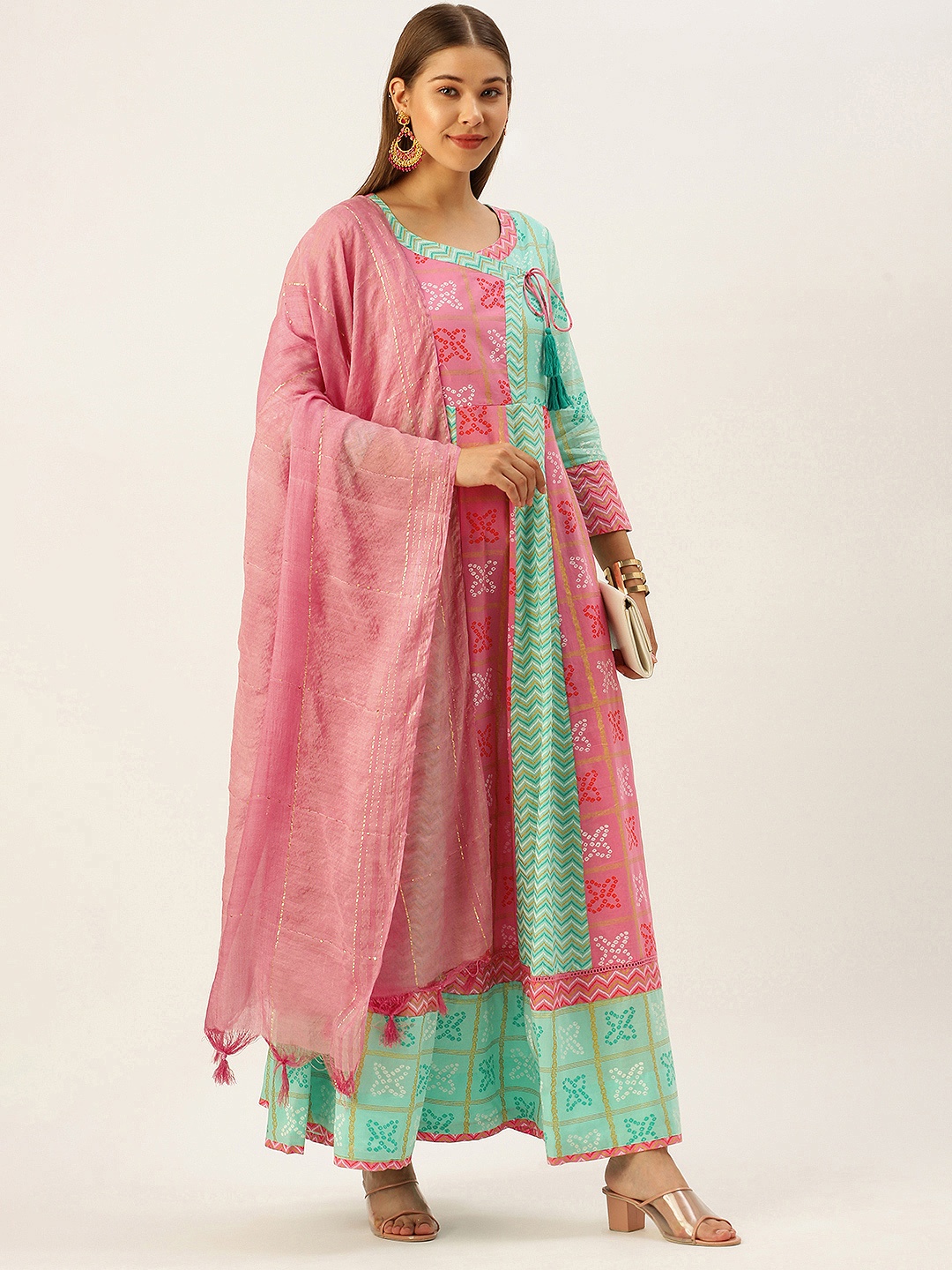 

MAAND Women Pink & Blue Bandhani Floral Printed Cotton Anarkali Kurta with Dupatta