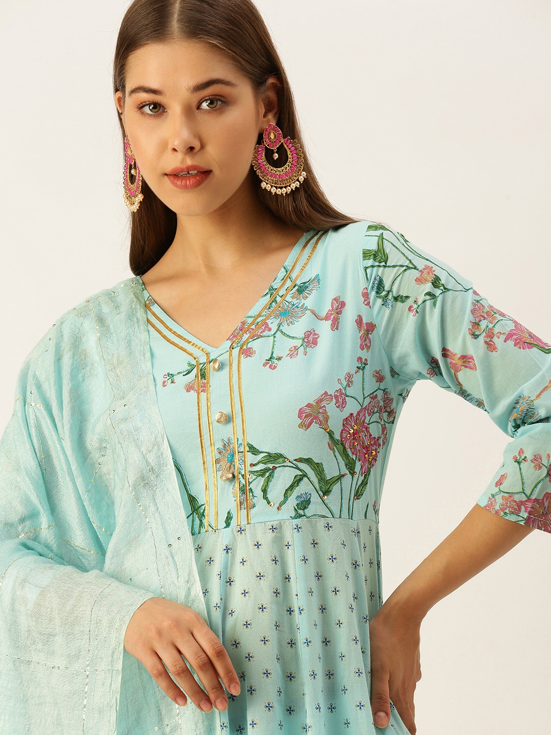

MAAND Women Blue & Pink Geometric Printed Gotta Patti Cotton Anarkali Kurta & Dupatta