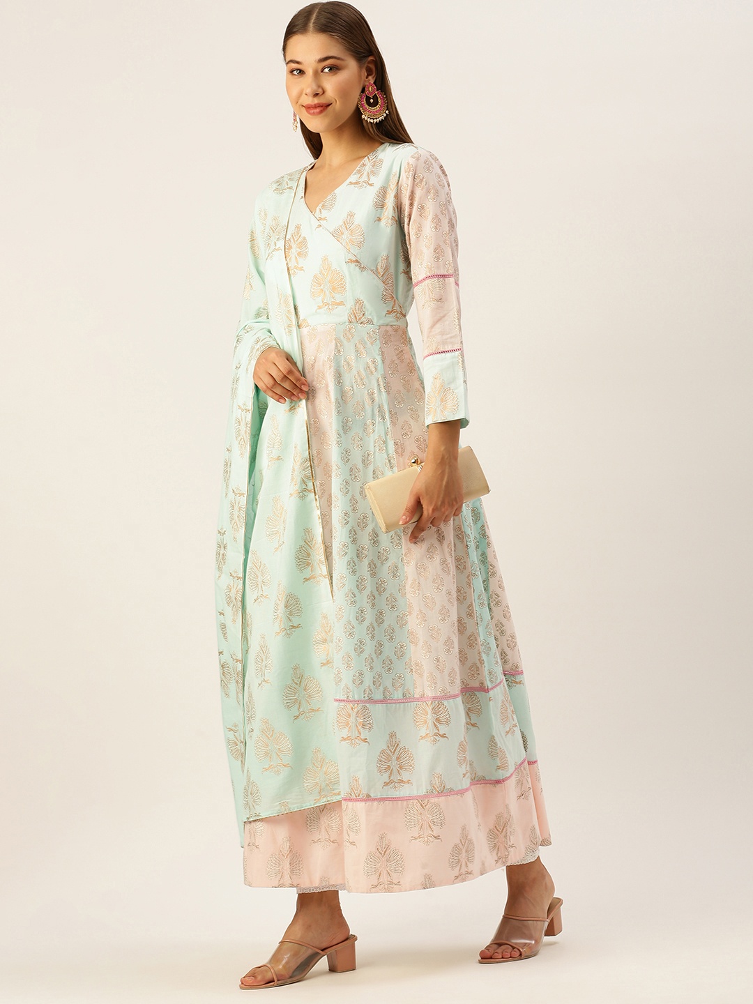 

MAAND Women Blue & Peach-Coloured Ethnic Motifs Printed Cotton Anarkali Kurta & Dupatta