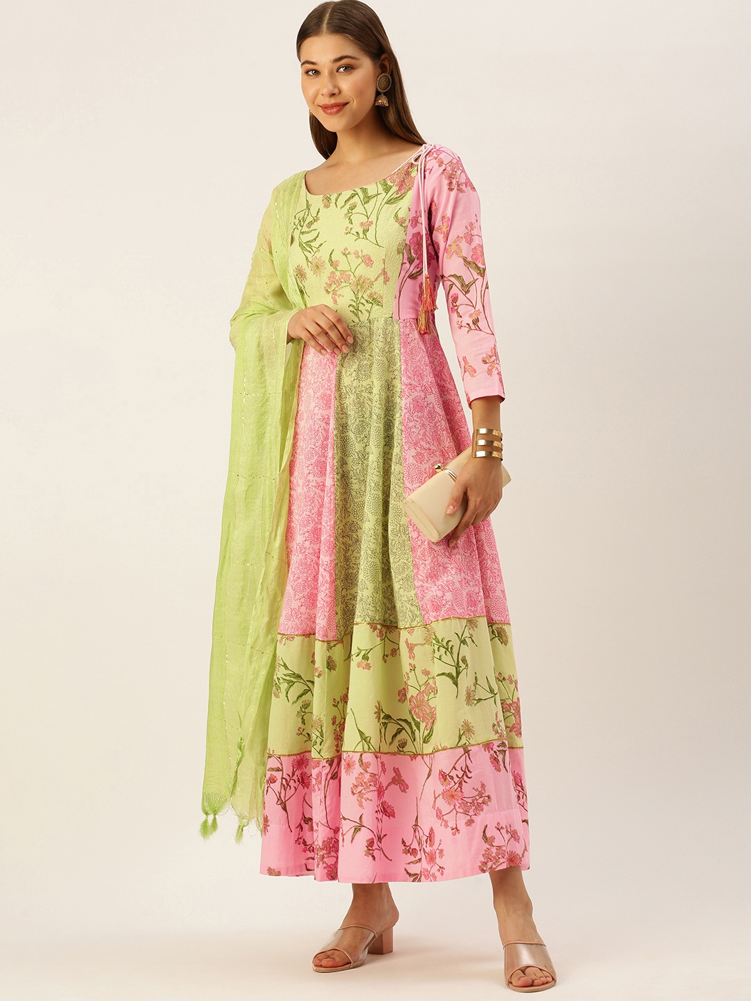 

MAAND Women Green & Pink Floral Printed Thread Work Cotton Anarkali Kurta with Dupatta
