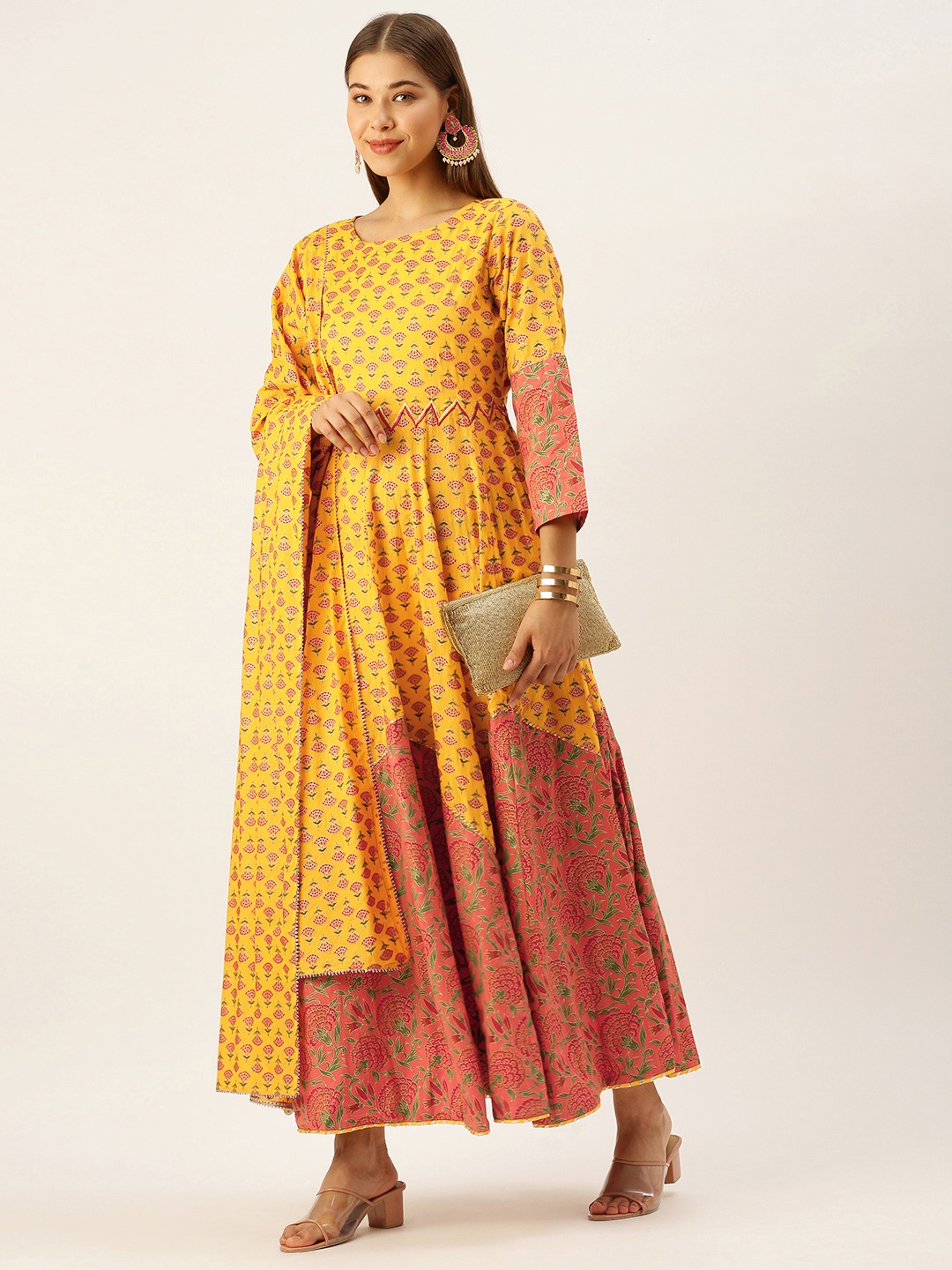 

MAAND Mustard Yellow & Peach-Coloured Floral Print Dobby Cotton Anarkali Kurta & Dupatta