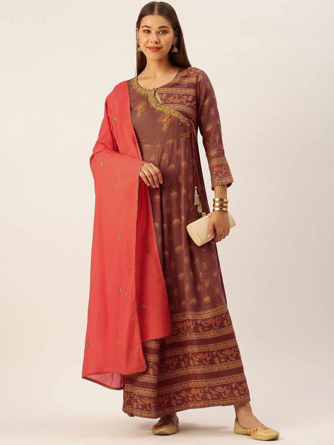 

MAAND Women Brown & Gold Floral Print Cotton Anarkali Kurta with Dupatta