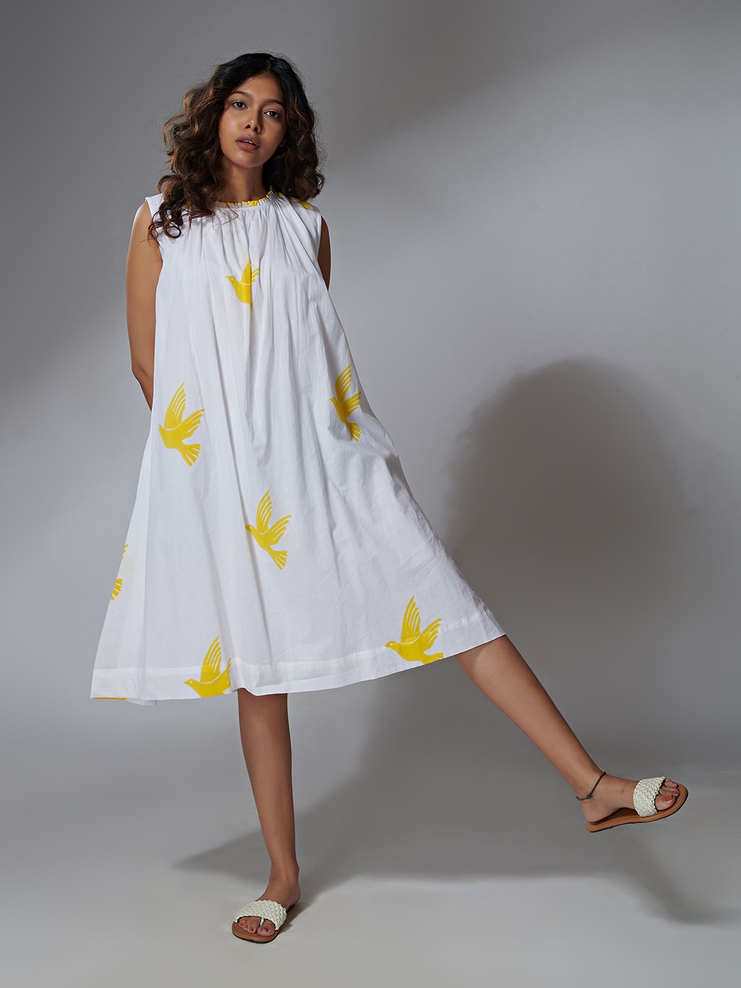 

the kaatn trail Yellow Floral Organic Cotton A-Line Midi Dress