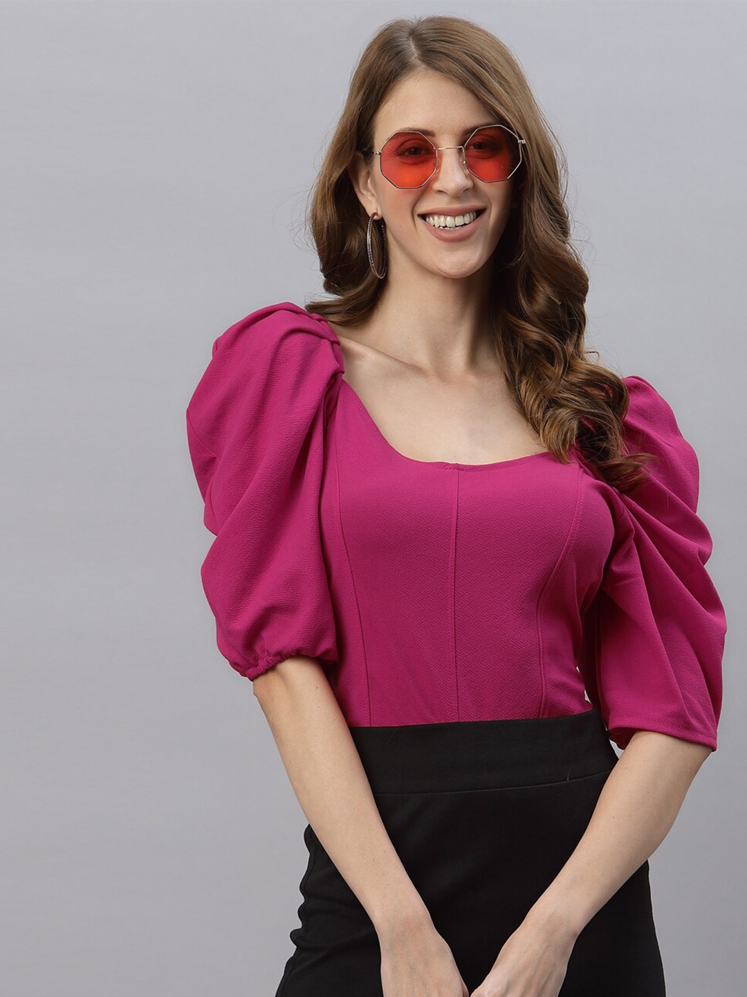 

Selvia Women Pink Solid Lycra Knitted Puff Sleeves Scuba Top