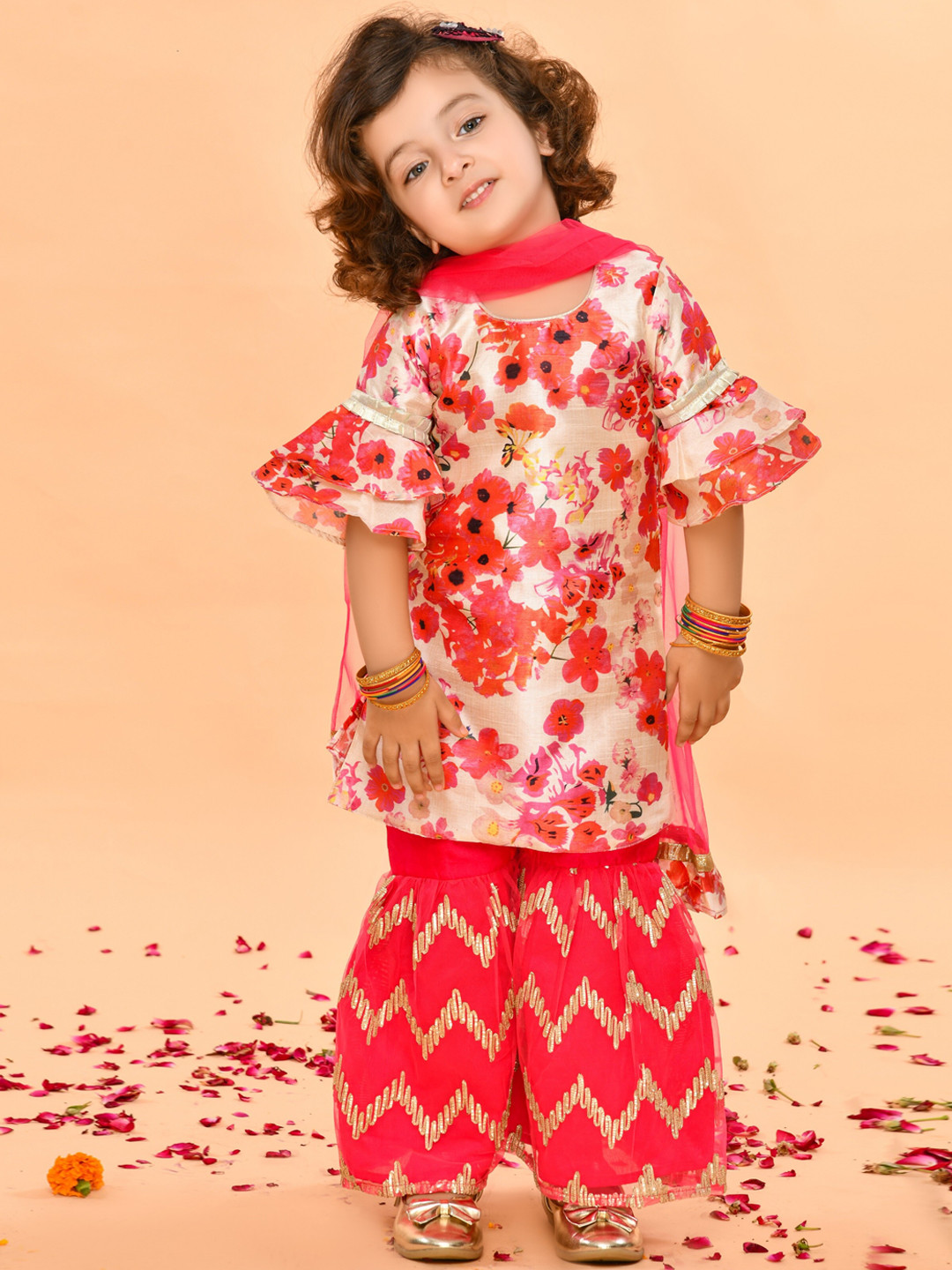 

SAKA DESIGNS Girls Pink Floral Embroidered Angrakha Kurta with Skirt & With Dupatta