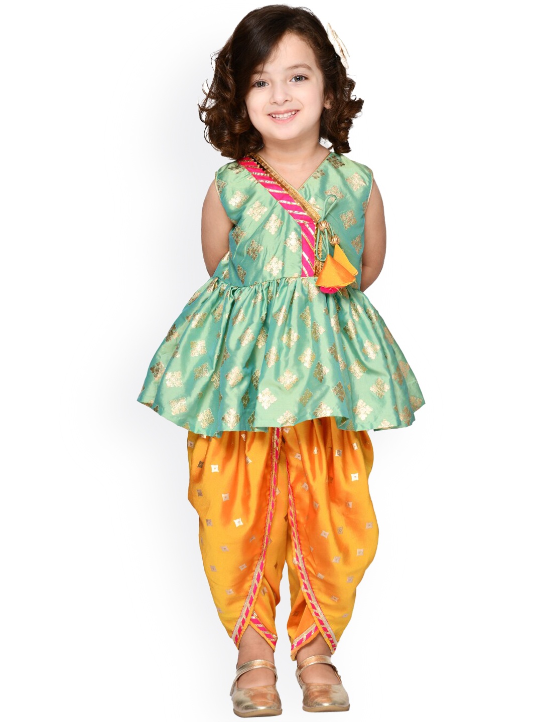 

SAKA DESIGNS Girls Green Ethnic Motifs Angrakha Gotta Patti Kurti with Dhoti Pants