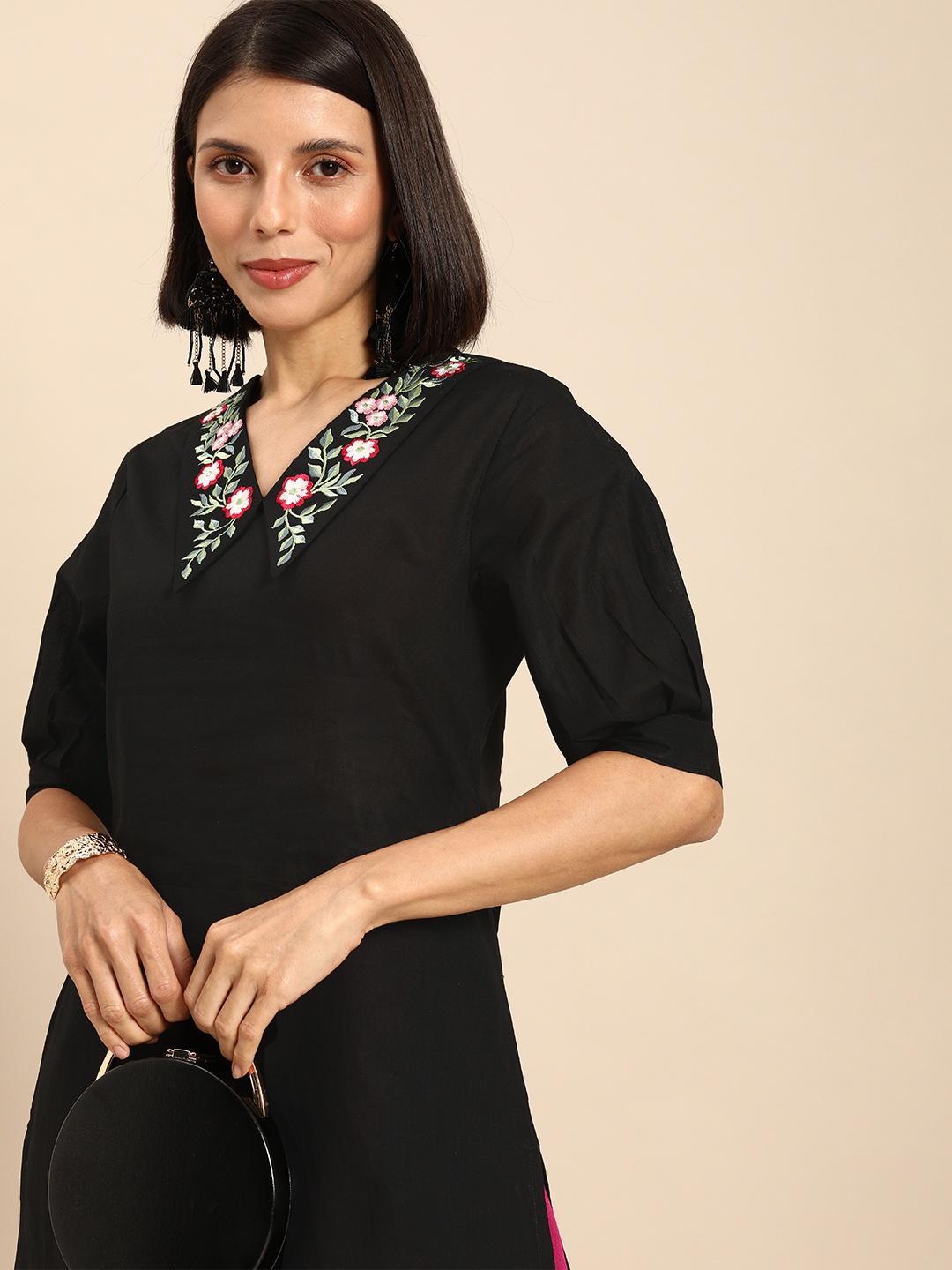 

Anouk Women Black Thread Work Floral Kurta