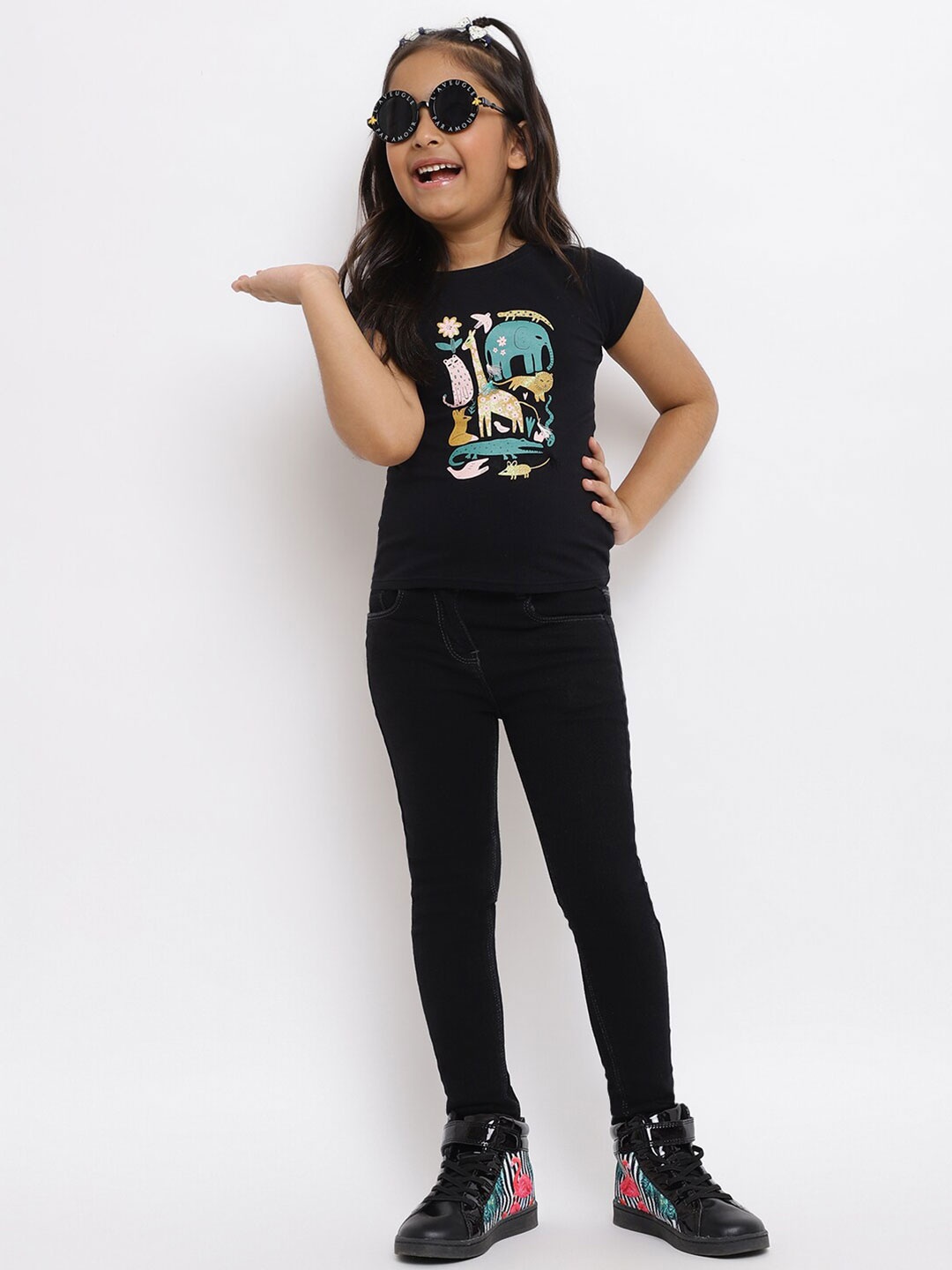

TALES & STORIES Girls Black Typography Printed Applique T-shirt