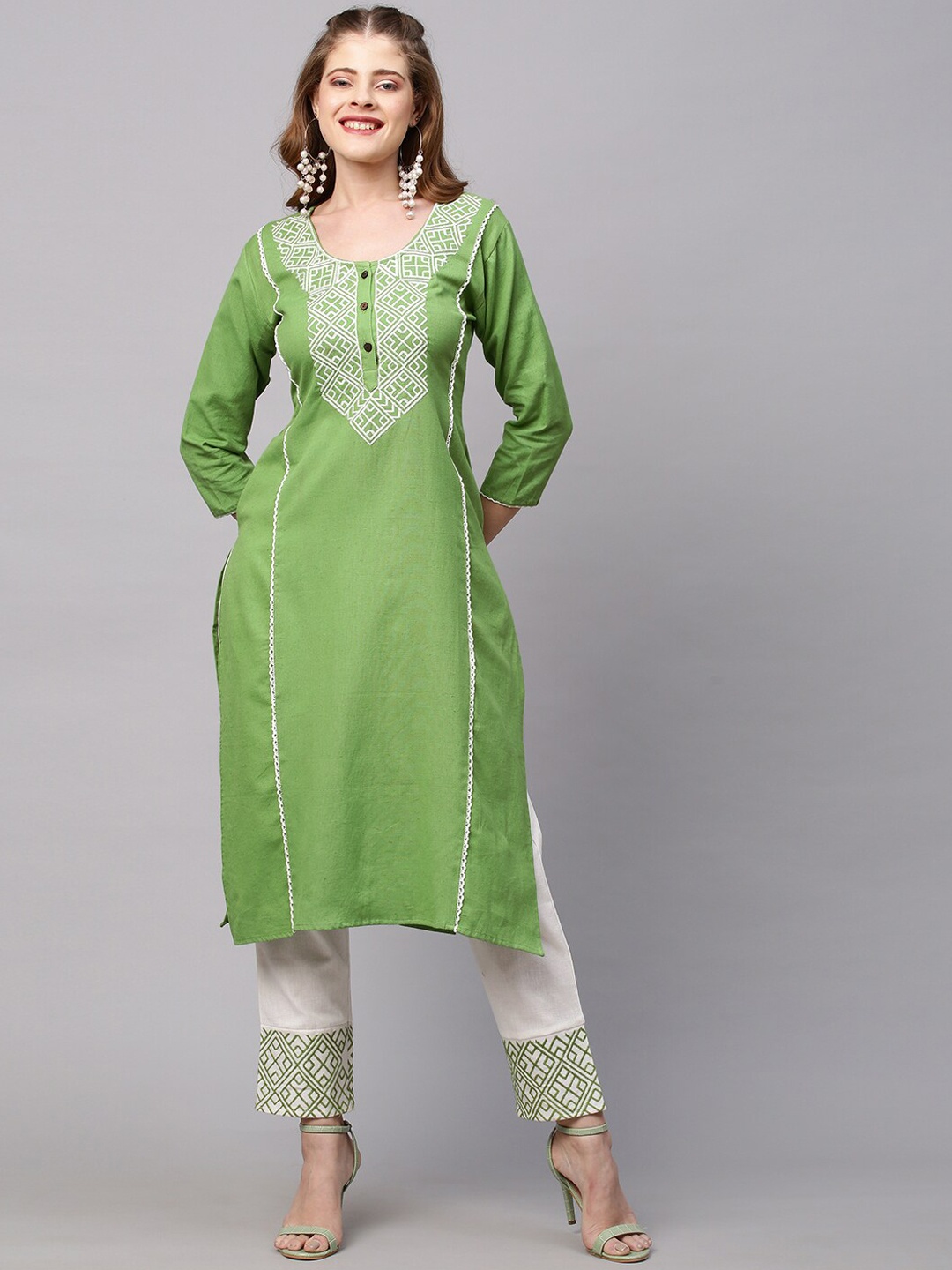 

FASHOR Women Green Regular Sequinned Pure Cotton Kurti with Trousers & With Dupatta