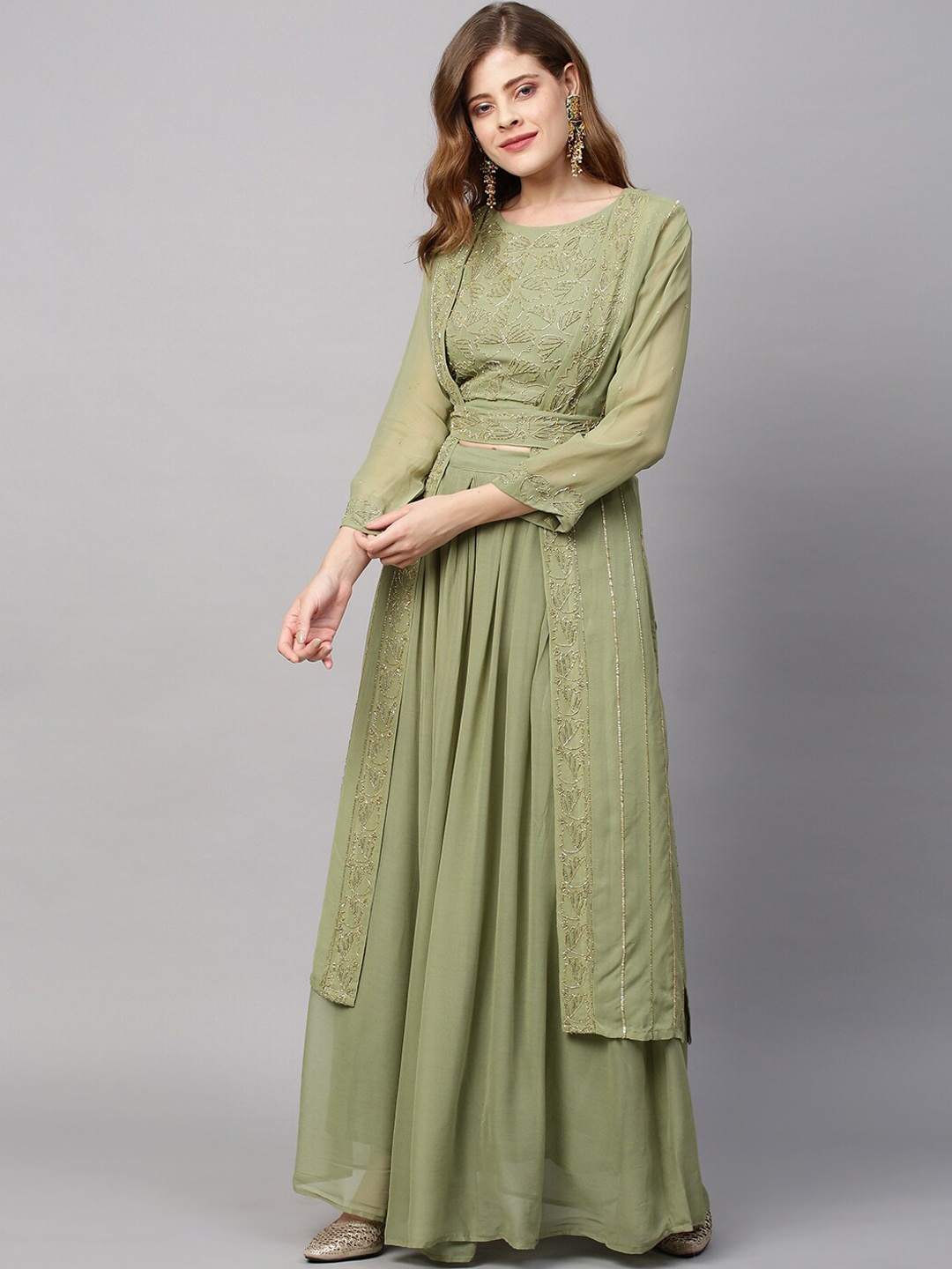 

FASHOR Women Olive Green Embroidered Pleated Sequinned Kurta with Sharara & With Dupatta