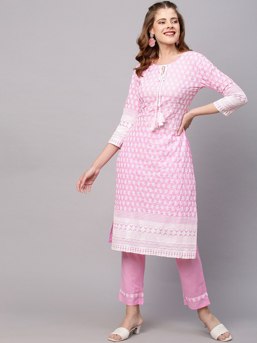 

FASHOR Women Pink Ethnic Motifs Embroidered Chikankari Pure Cotton Kurta with Trousers