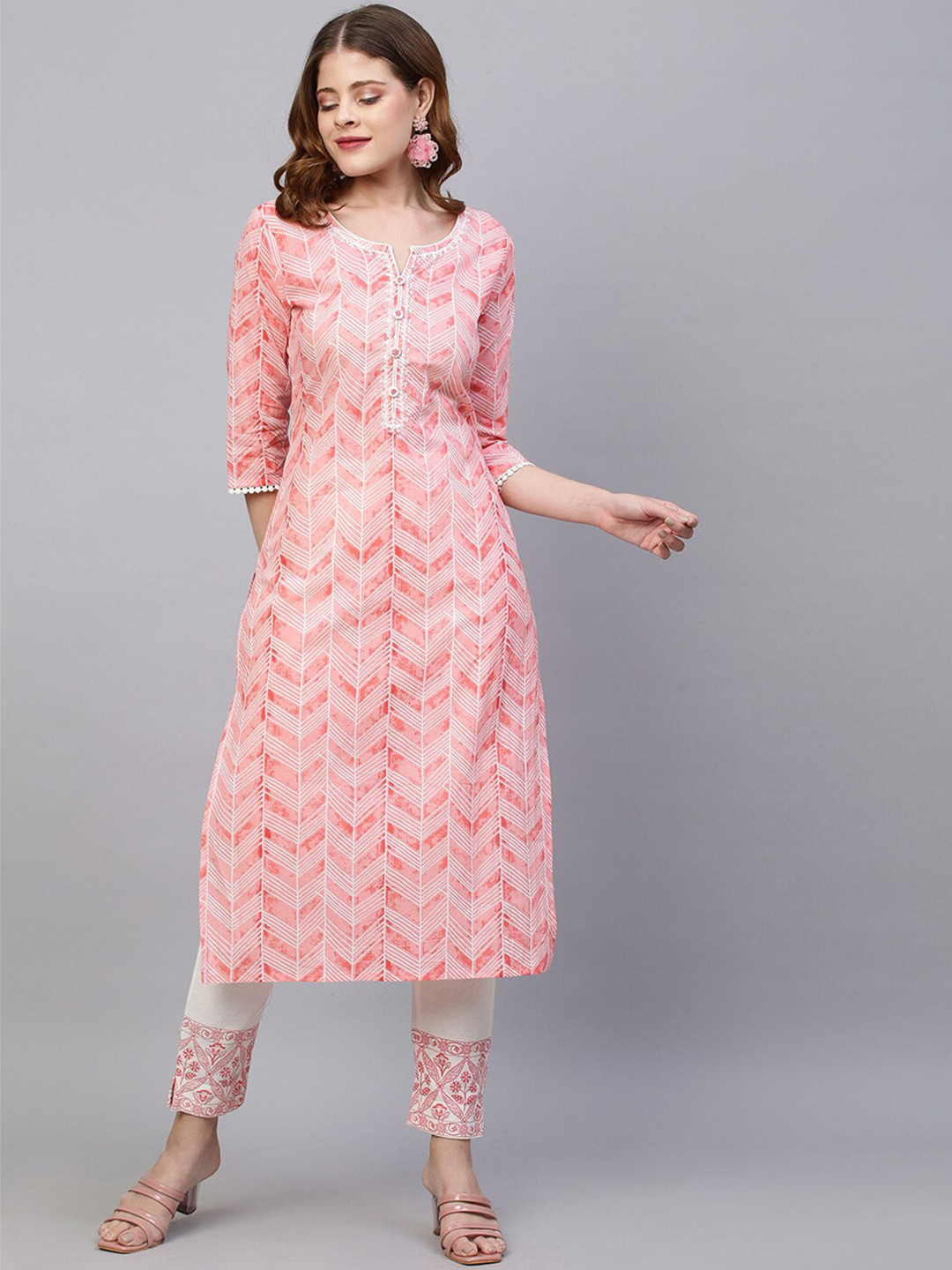 

FASHOR Women Pink Empire Pure Cotton Kurti with Trousers & With Dupatta