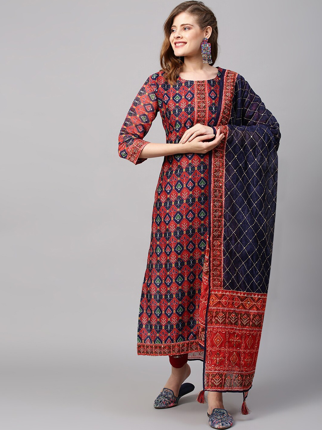 

FASHOR Women Multicoloured Geometric Printed Chanderi Silk Kurta, Multi