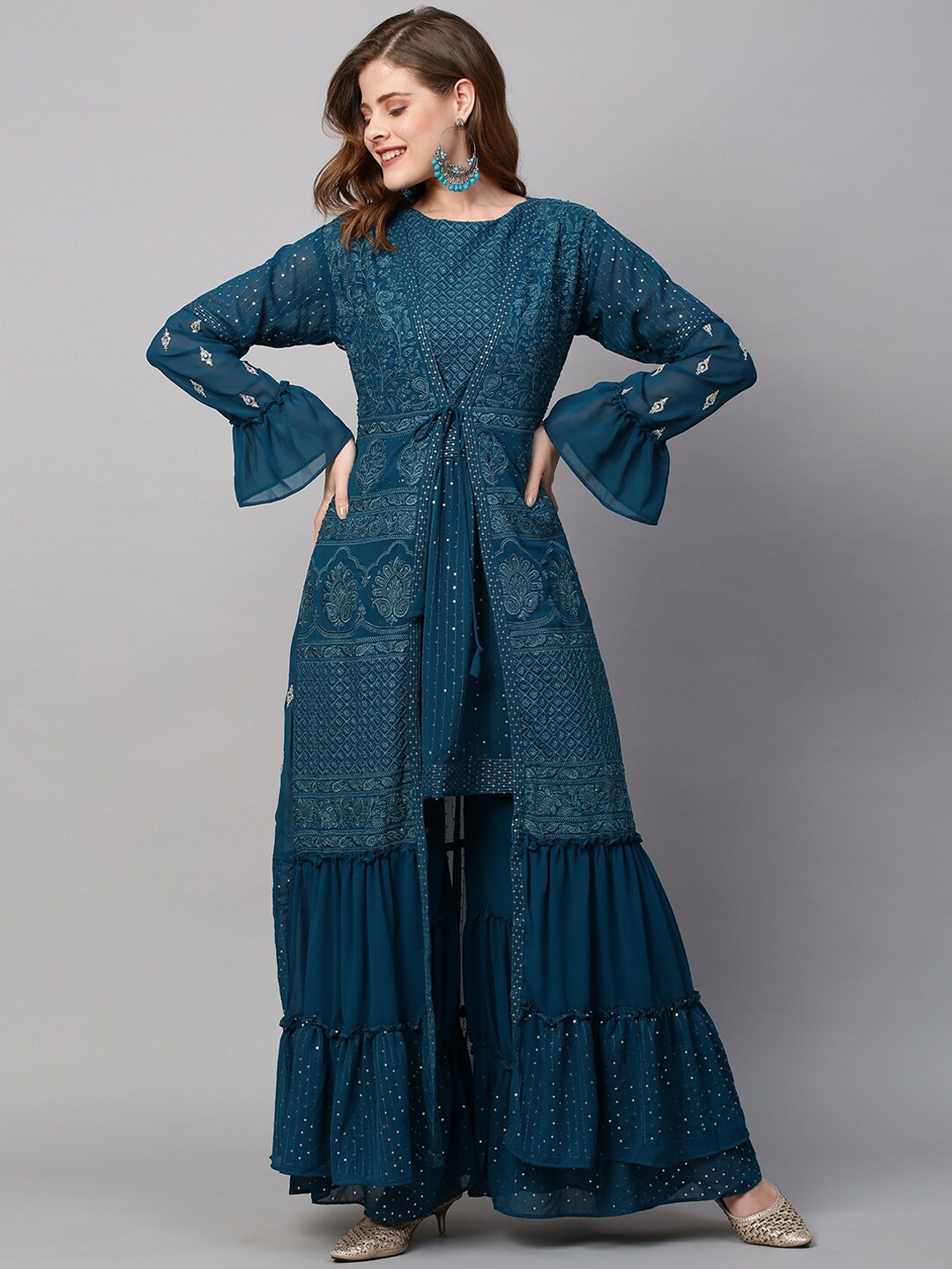 

FASHOR Women Teal Layered Sequinned Kurta with Trousers & With Dupatta