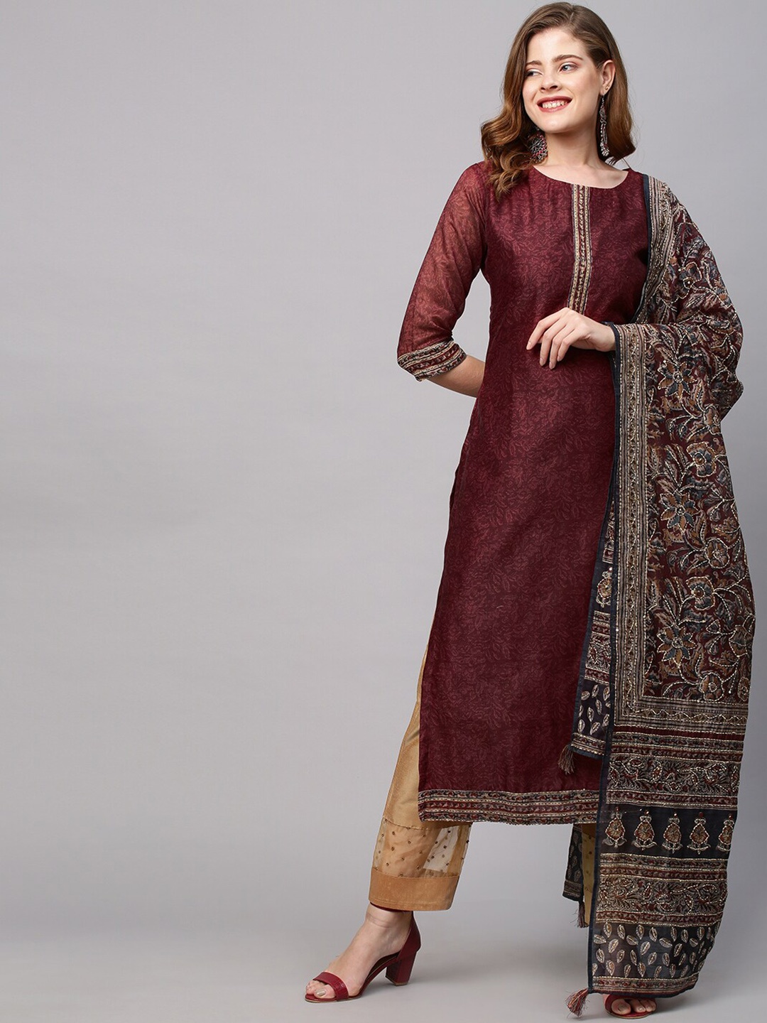 

FASHOR Women Burgundy Ethnic Motifs Chanderi Silk Kurta