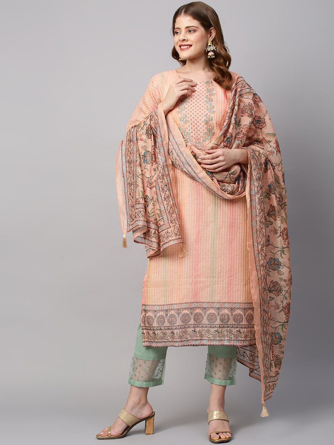 

FASHOR Women Peach-Coloured Printed Thread Work Chanderi Silk Kurta