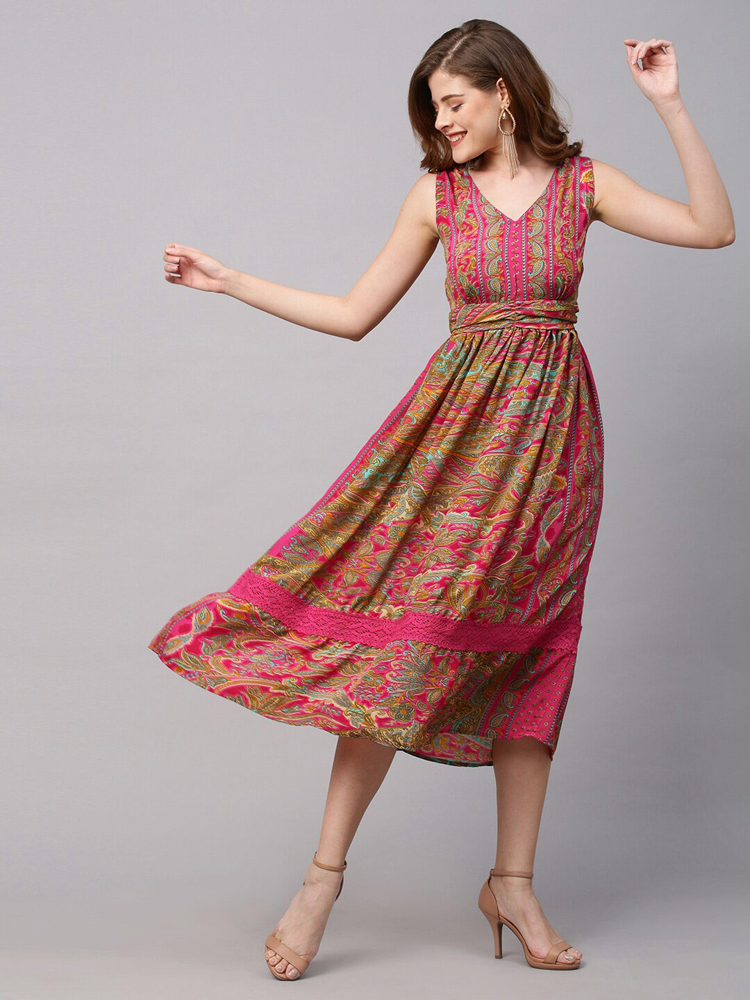 

FASHOR Pink Ethnic Motifs Midi Dress