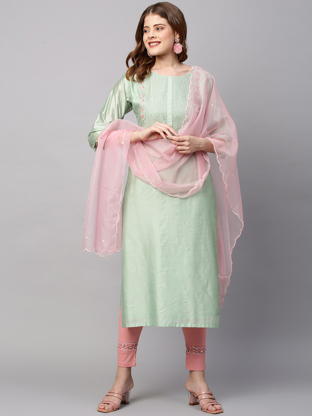 

FASHOR Women Green Thread Work Chanderi Silk Kurta