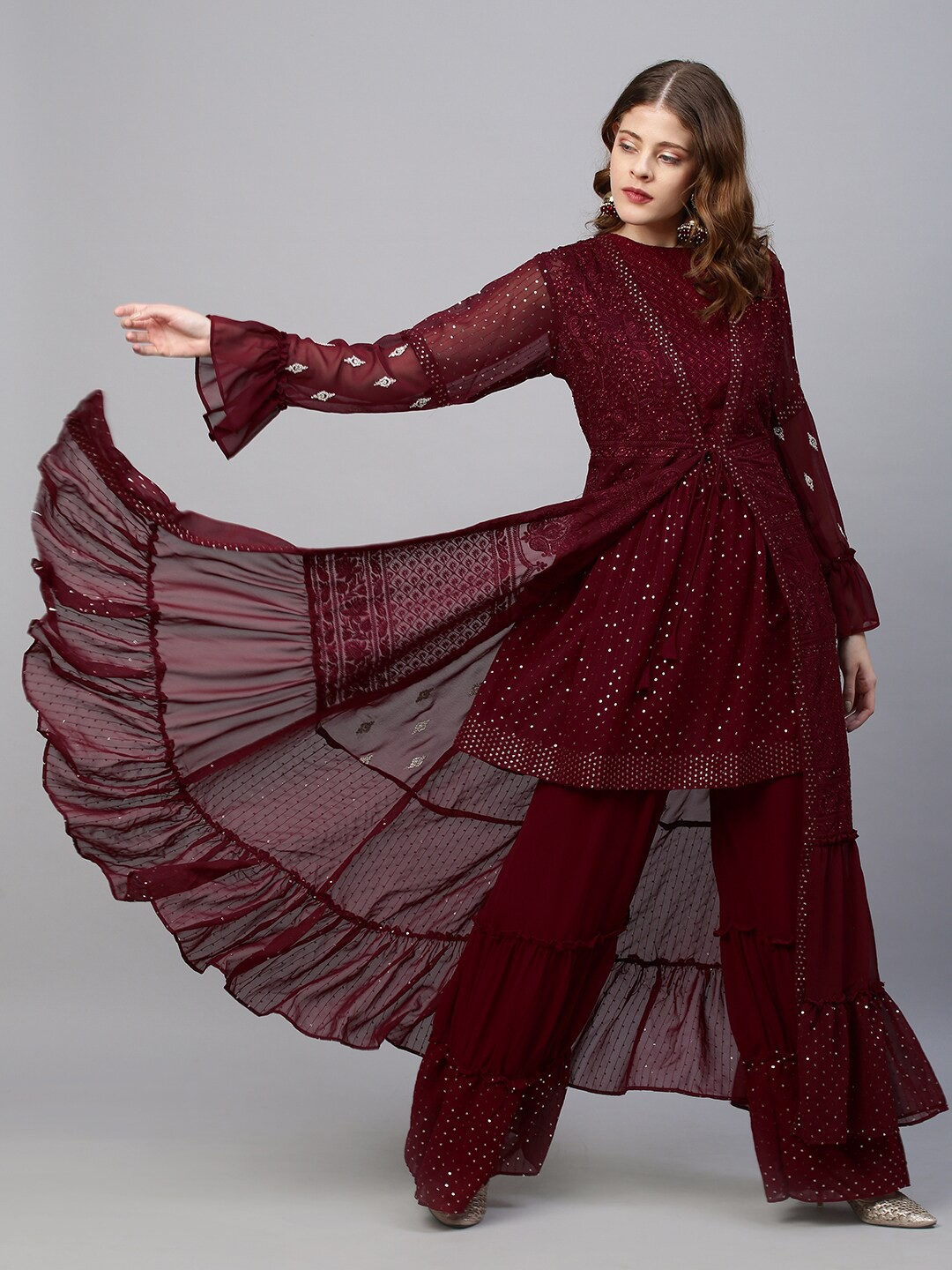 

FASHOR Women Burgundy Ethnic Motifs Printed Sequinned Kurta with Sharara & With Dupatta