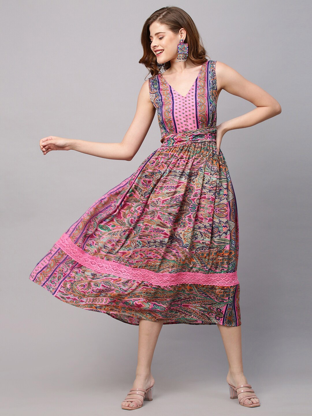 

FASHOR Pink Ethnic Motifs A-Line Midi Dress