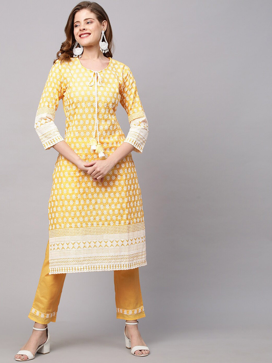 

FASHOR Women Yellow Printed Regular Chikankari Pure Cotton Kurta with Sharara