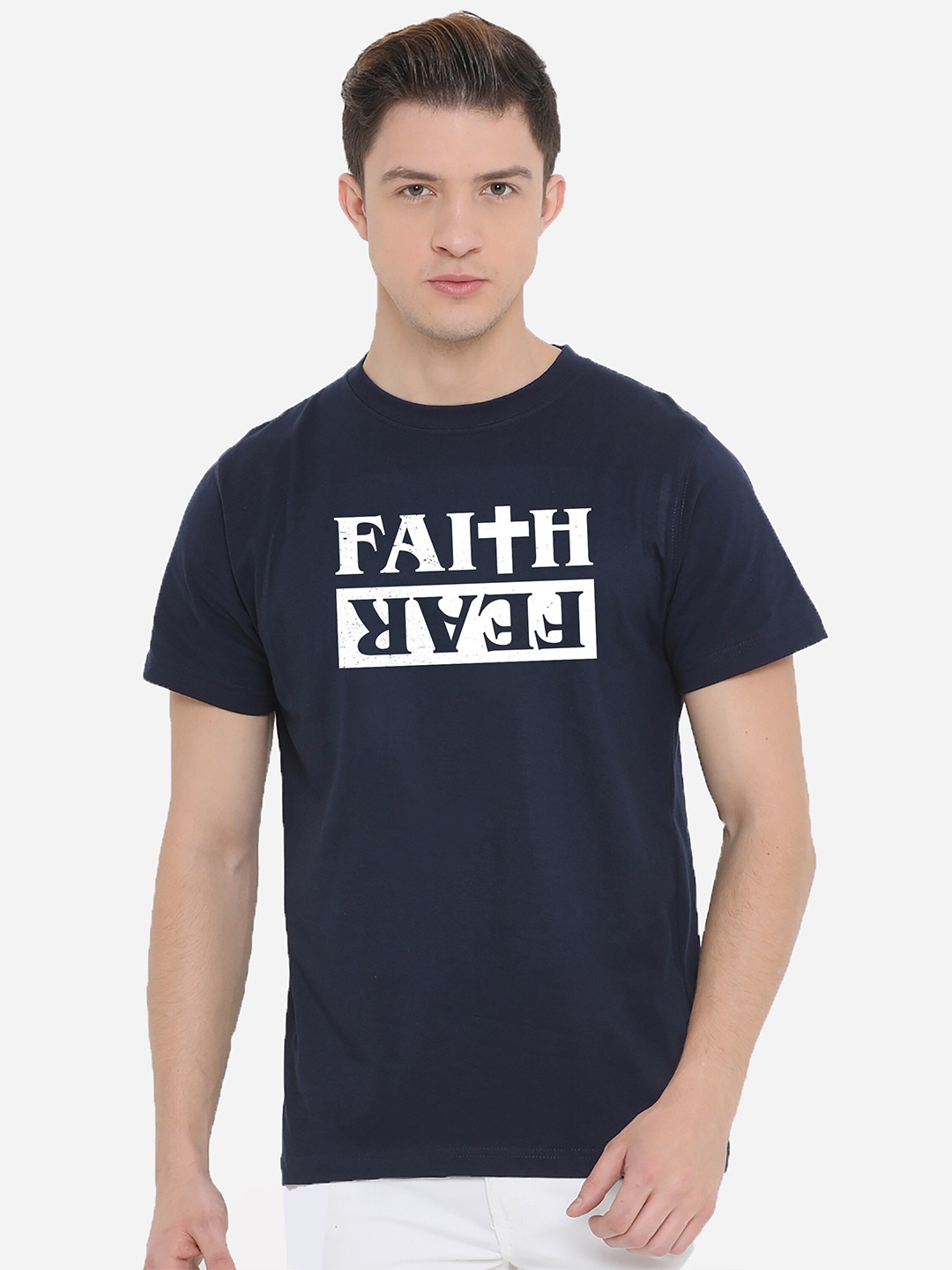 

Fully Filmy Men Navy Blue Typography Printed Applique T-shirt