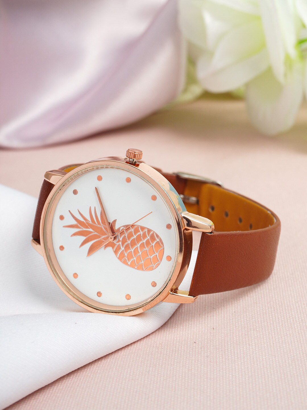 

Ferosh Women White Embellished Dial & Brown Bracelet Style Straps Analogue Watch APWAT22-1002