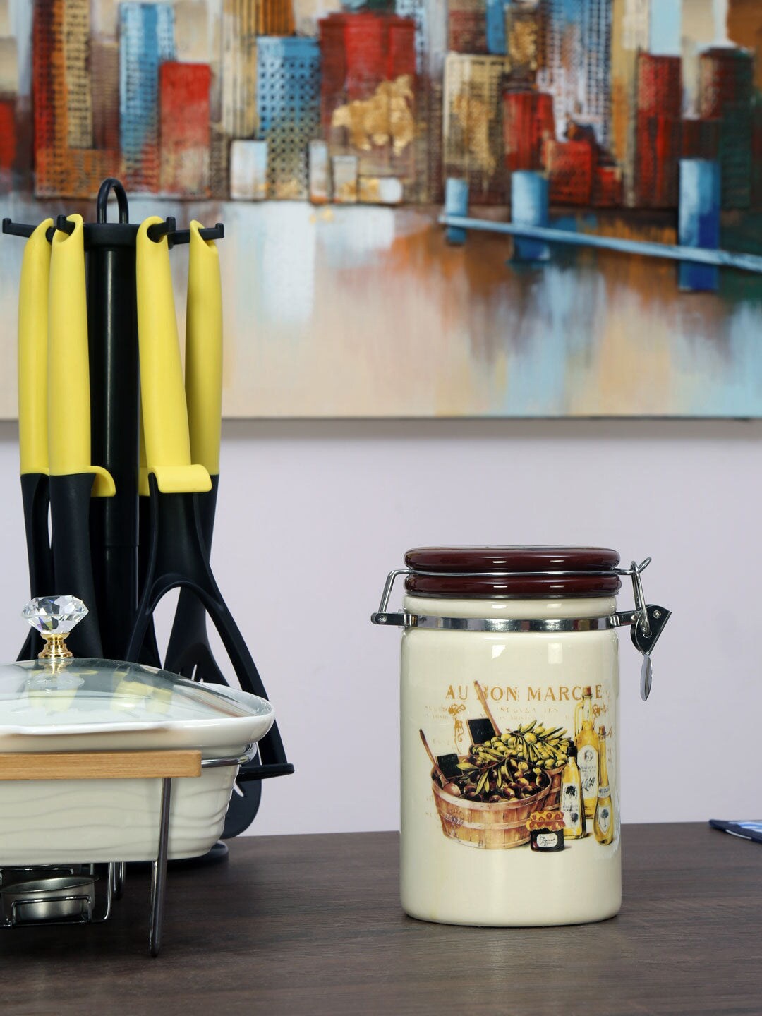 

Athome by Nilkamal Brown & Beige Printed Ceramic Canister