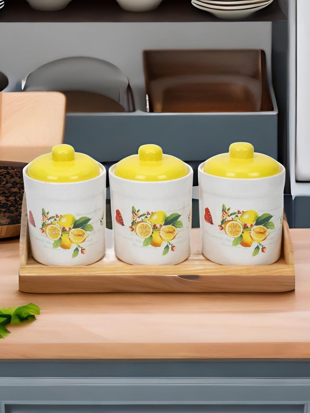 

Athome by Nilkamal Set Of 3 Printed Ceramic Jars Canisters, Yellow