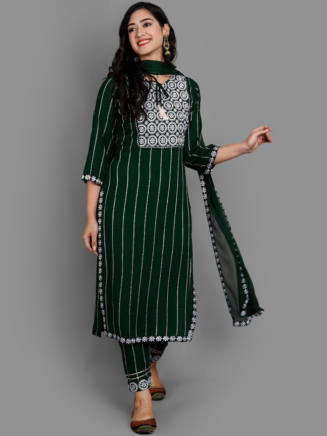 

Ziva Fashion Women Green Yoke Design Empire Kurti with Trouser & Dupatta