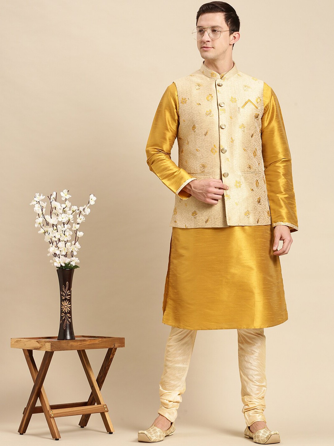 

Sanwara Men Golden Kurta with Churidar & Nehru Jacket, Gold