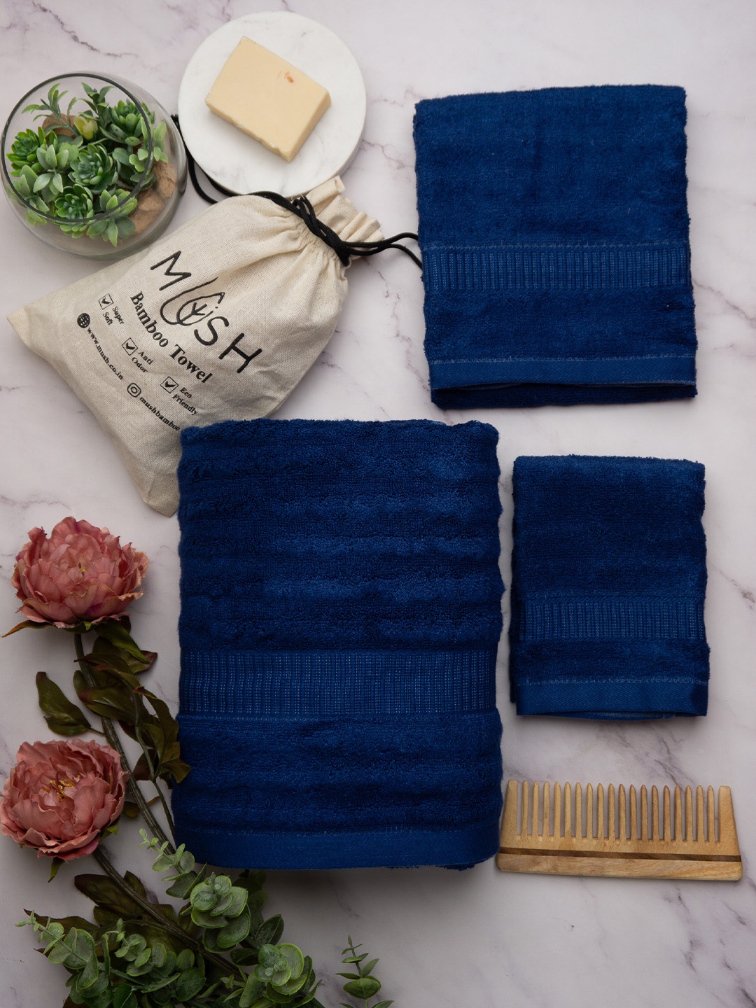 

MUSH Pack Of 3 Ultra Soft & Eco Friendly Bamboo Towel Set - 600 GSM, Navy blue