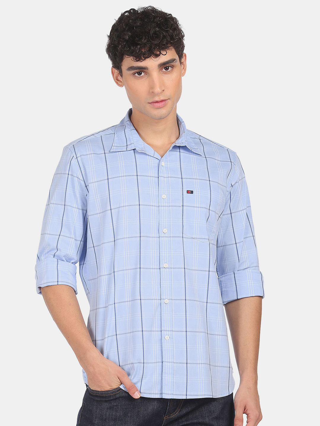 

AD By Arvind Men Blue Slim Fit Windowpane Checks Checked Casual Shirt