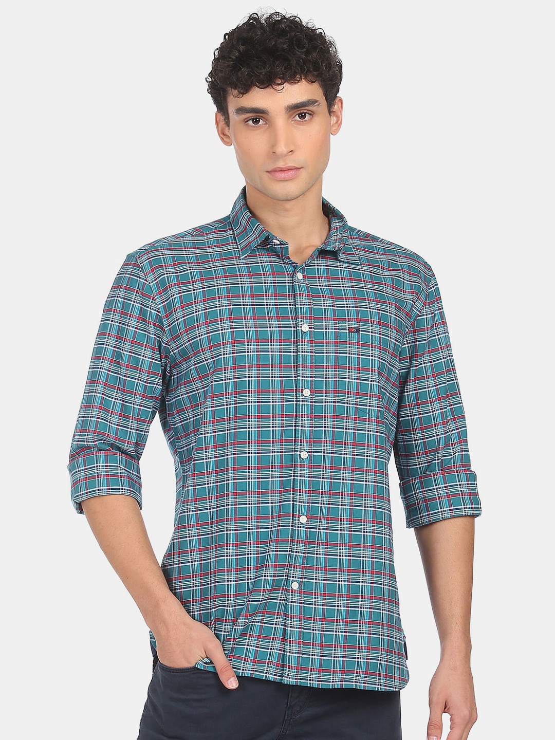 

AD By Arvind Men Teal Slim Fit Checked Casual Shirt