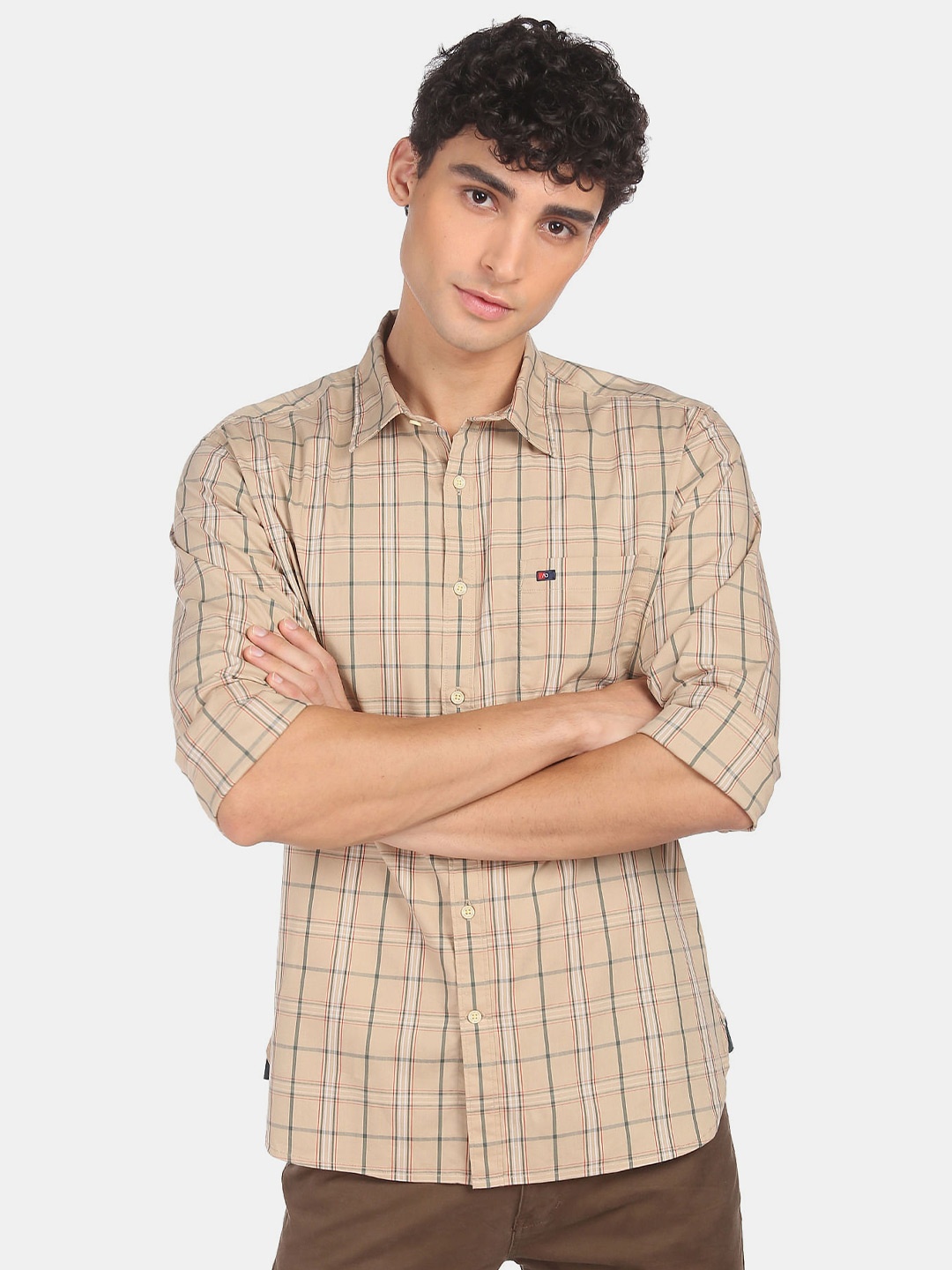 

AD By Arvind Men Beige Slim Fit Grid Tattersall Checks Checked Casual Shirt