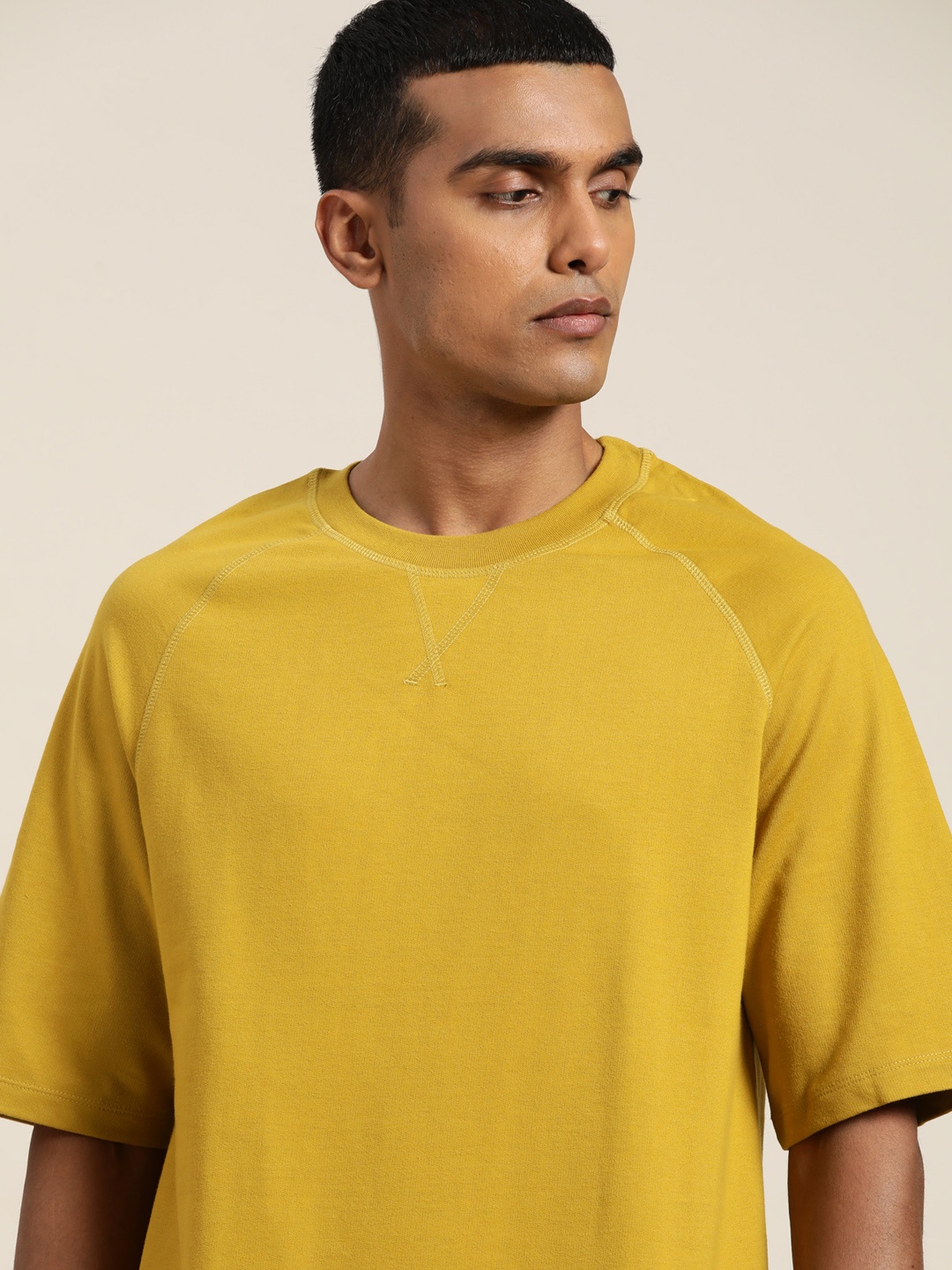 

ether Men Mustard Yellow Solid Boxy T-shirt