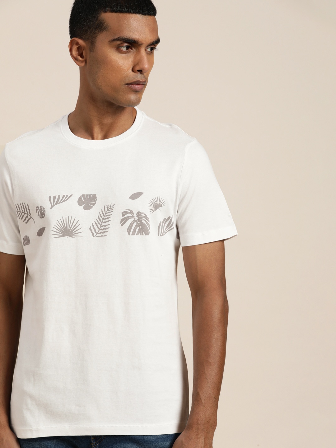 

ether Men White & Grey Tropical Pure Cotton T-shirt