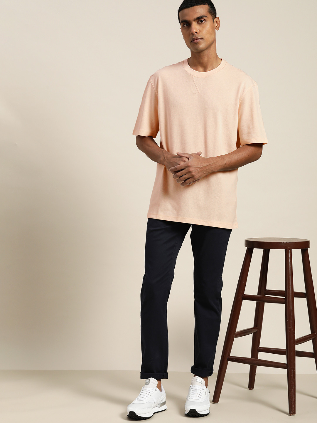 

ether Men Peach-Coloured Solid Boxy T-shirt