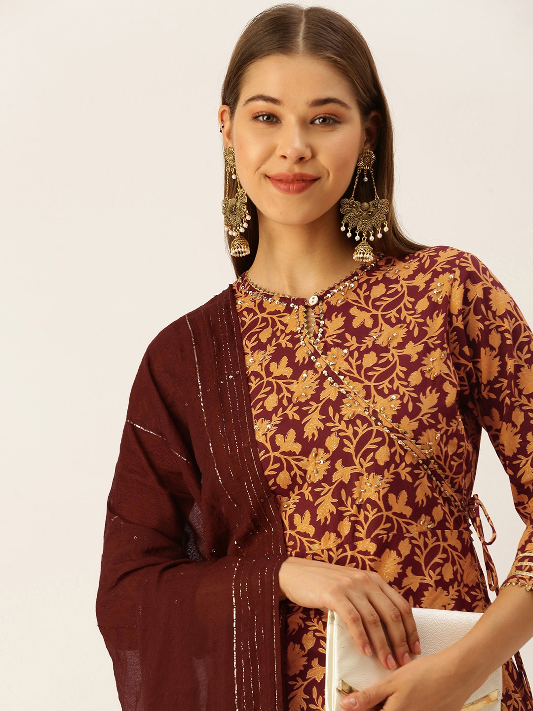 

MAAND Women Coffee Brown & Orange Floral Print Cotton Angrakha Kurta with Trousers Dupatta