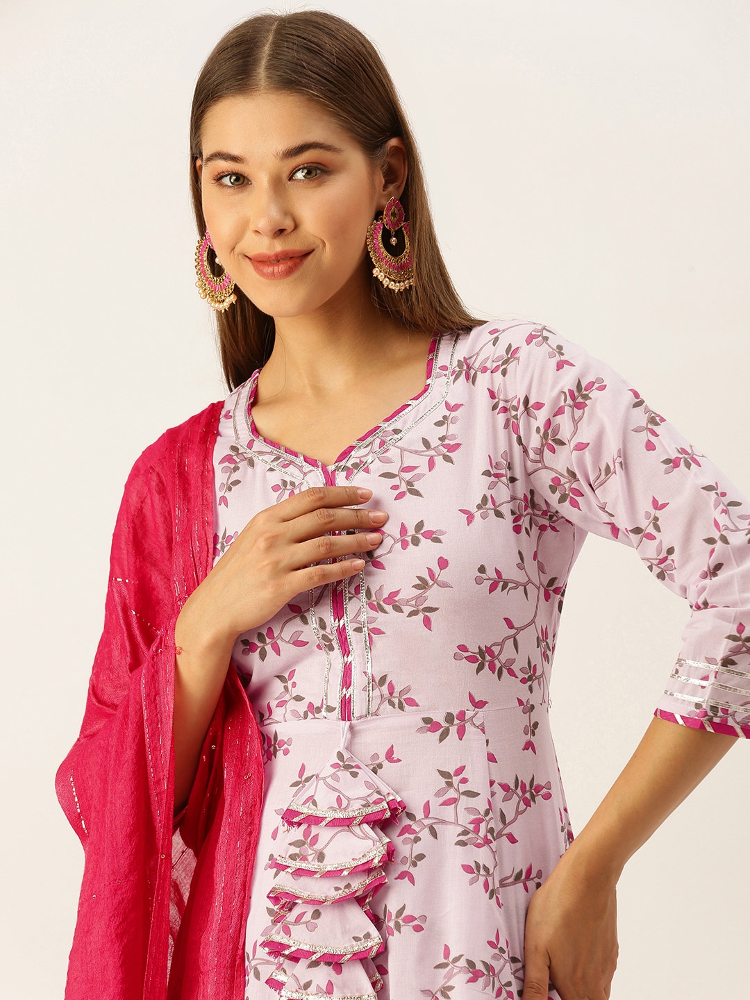 

MAAND Women Lavender & Grey Floral Printed Cotton A-Line Kurta with Sharara & With Dupatta