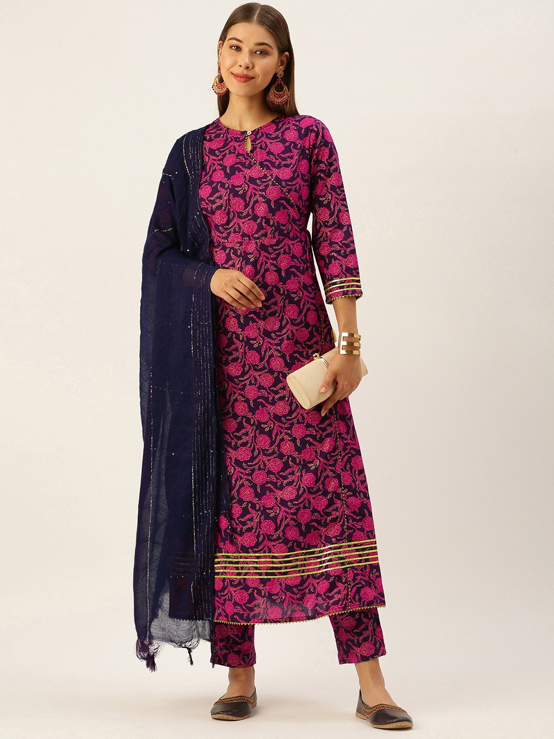 

MAAND Women Pink & Navy Blue Floral Print Angrakha Cotton Kurta Trousers Dupatta
