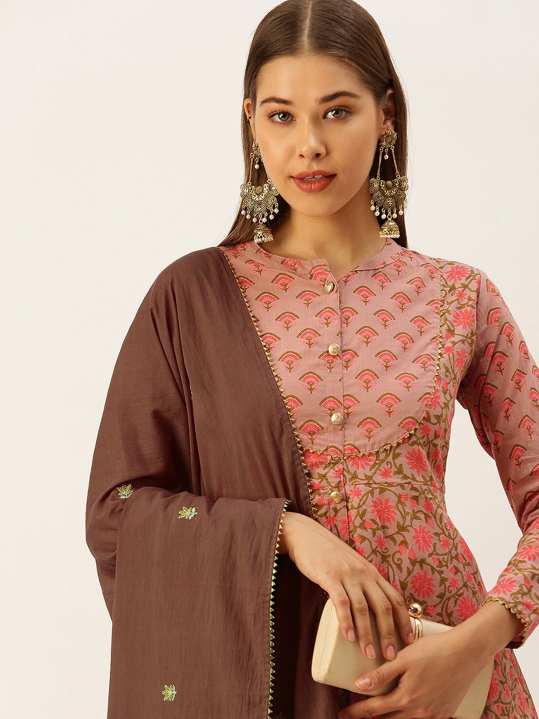 

MAAND Peach-Coloured & Green Floral Print Cotton A-Line Kurti Sharara & Dupatta