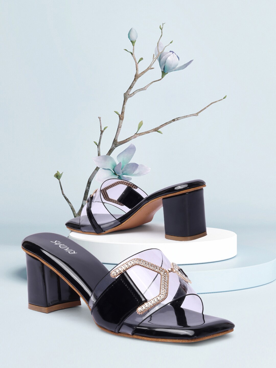 

RINDAS Black Embellished Block Sandals with Bows