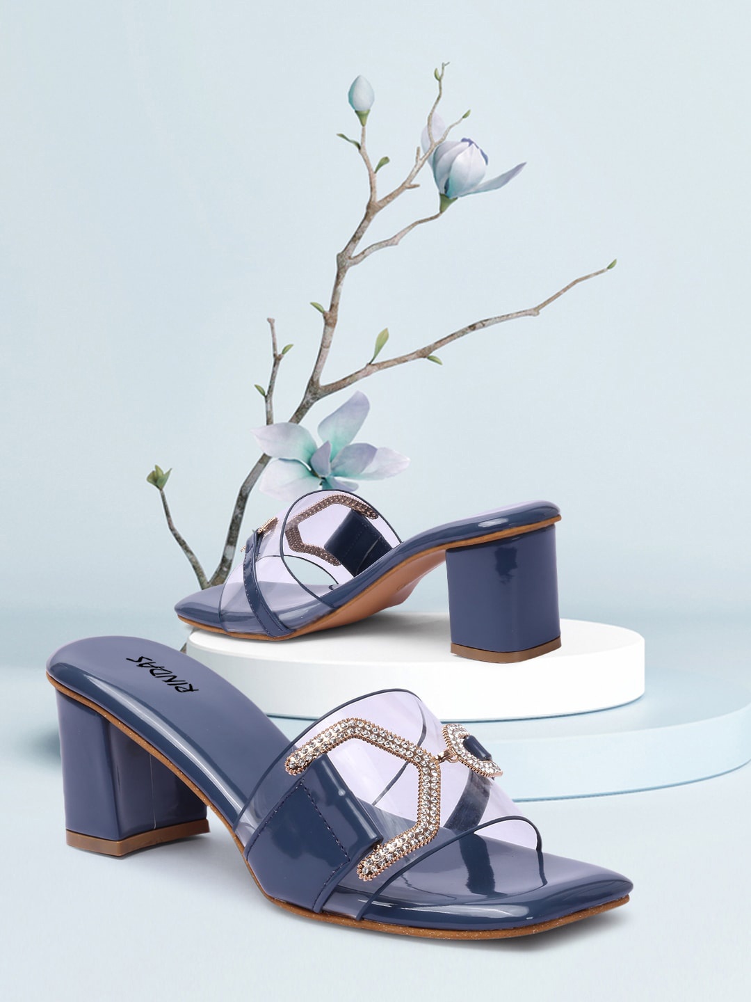 

RINDAS Blue Printed Block Mules with Bows