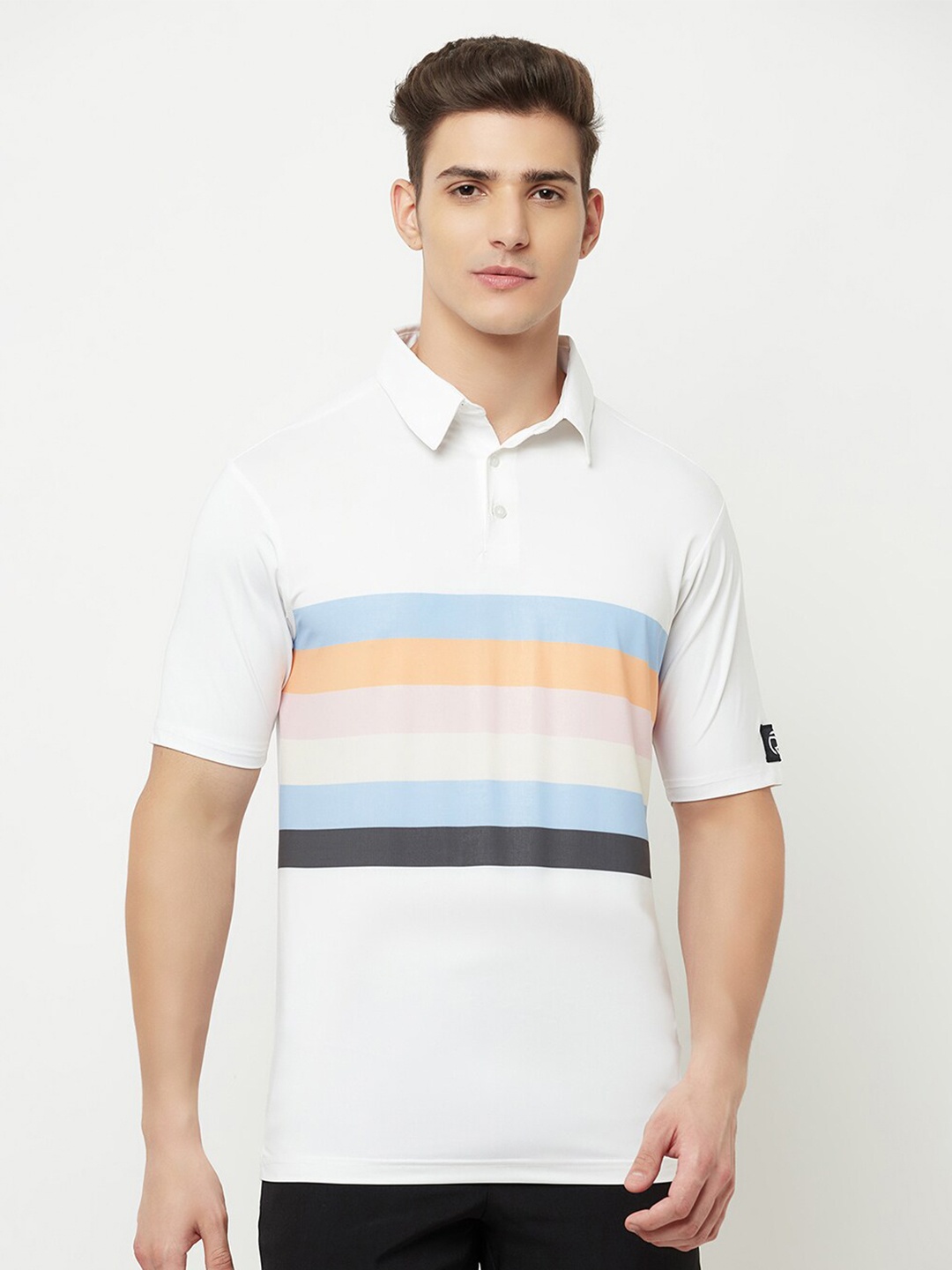 

Truerevo Men White Striped Polo Collar T-shirt
